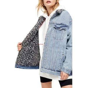 Free People Blue Jean Jacket with Leopard Lining